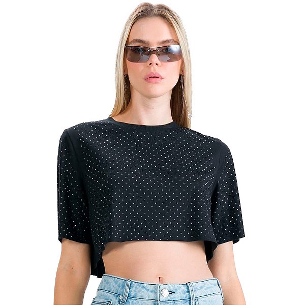 Camiseta Cropped Myft Strass Preto Feminino