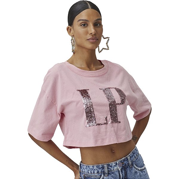 Camiseta Cropped Lança Perfume Com Bordado V23 Rosa Feminino