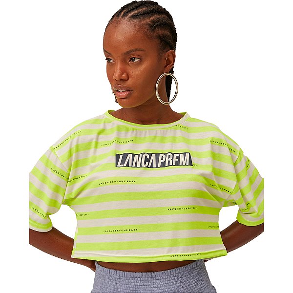 Camiseta Cropped Easy Lança Perfume Listrada V23 Verde Feminino