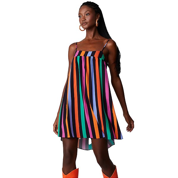 Vestido Lança Perfume Curto Listrado Laranja Feminino
