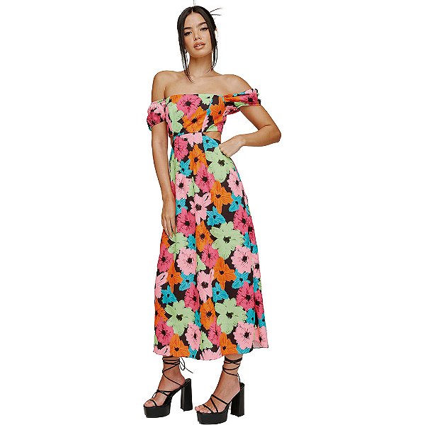 Vestido Myft Estampado Mid Cut Off V23 Rosa Feminino