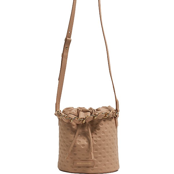 Bolsa Bucket Couro Lança Perfume Embossed Coração Bege Feminino