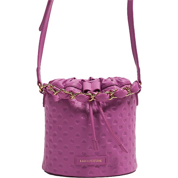 Bolsa Bucket Couro Lança Perfume Embossed Coração Rosa Feminino