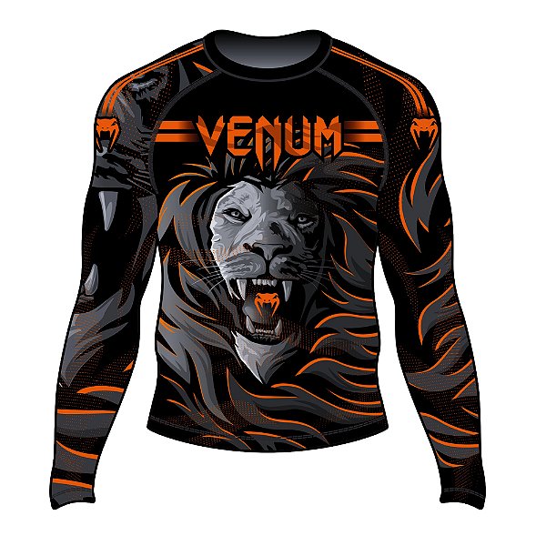 Rash Guard Venum Lion Fire Preto e Laranja