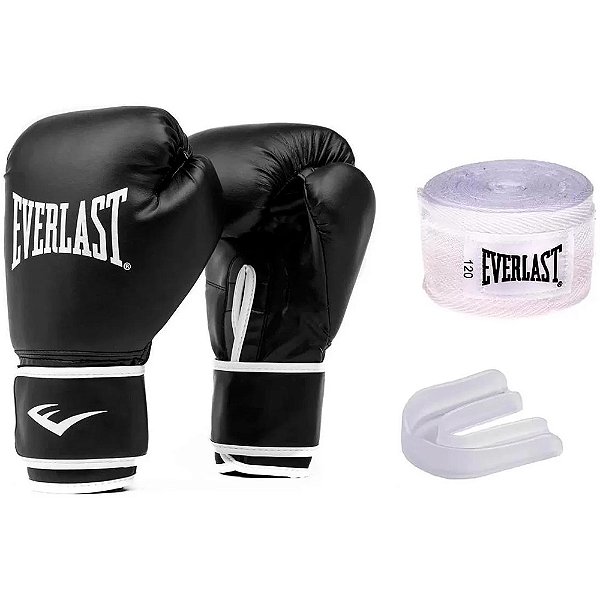 Conjuto de Boxe Everlast Core2 Training Preto Luva Bandagem e Bucal