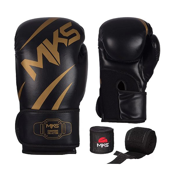 Kit de Boxe Luva + Bandagem MKS New Champion Preta e Dourada