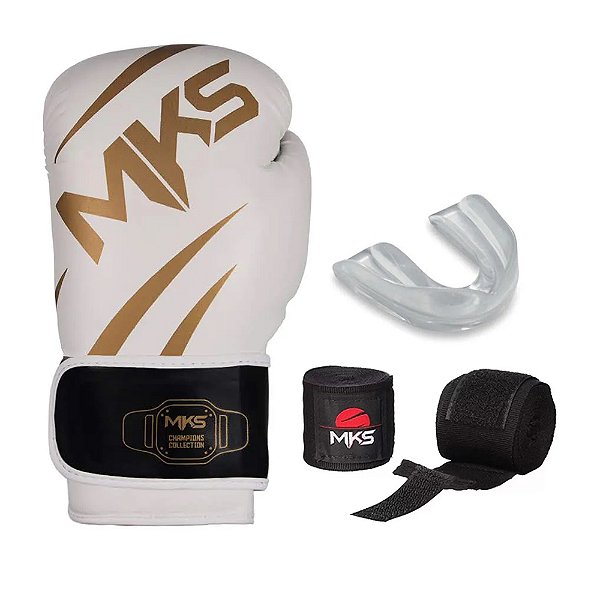 Kit de Boxe Luva + Bucal + Bandagem MKS New Champion Branca e Dourada