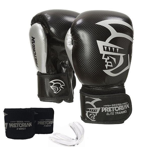 Kit Boxe Pretorian Elite - Luva Bucal e Bandagem - Preto e Prata
