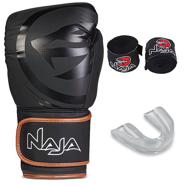 Kit Luva de Boxe Naja Black Line Preto com Bronze + Bandagem + Bucal