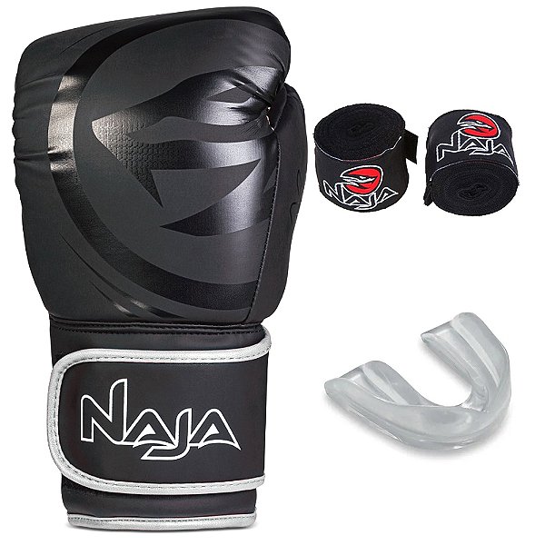 Kit Luva de Boxe Naja Black Line Preto com Prata + Bandagem + Bucal