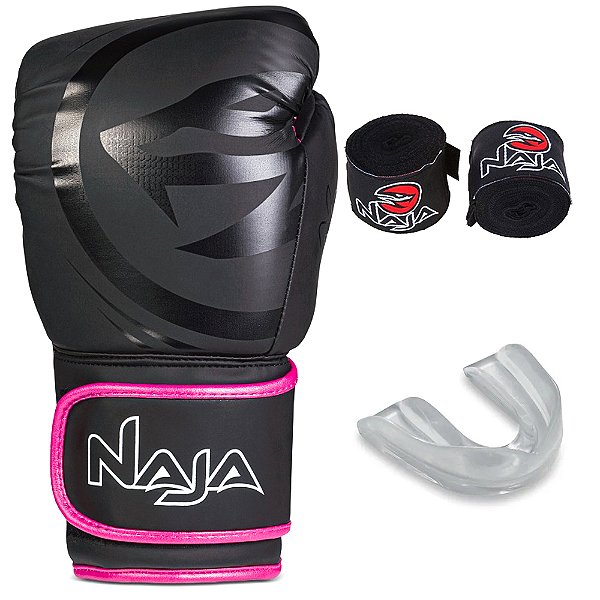 Kit Luva de Boxe Naja Black Line Preto com Rosa + Bandagem + Bucal