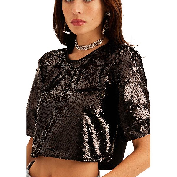 Camiseta Cropped Lança Perfume De Paetê AV23 Preto Feminino