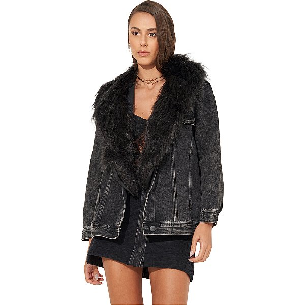 Jaqueta Jeans Colcci Wang Gola Removível IN23 Preto Feminino