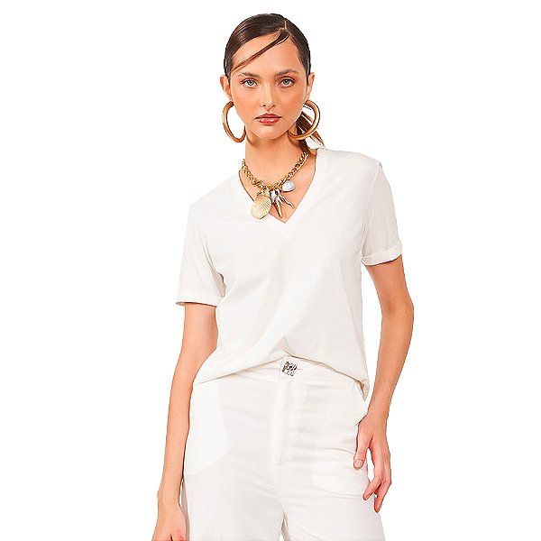 Camiseta Colcci Gola V AV24 Off White Feminino