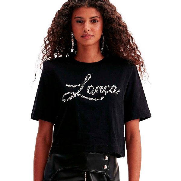 Camiseta Lança Perfume Curta Aplicação OU24 Preto Feminino