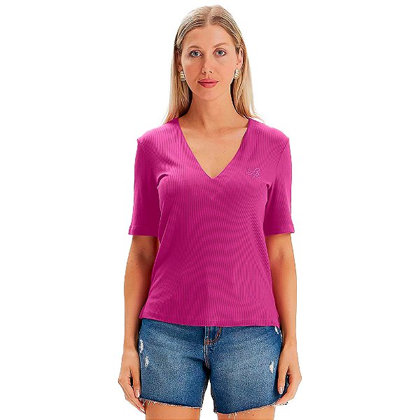 Blusa Canelado Lança Perfume Decote V OU24 Rosa Feminino