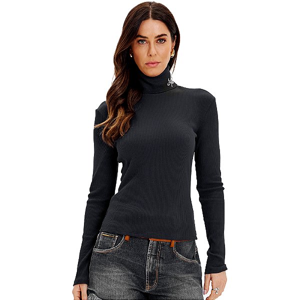 Blusa Lança Perfume Gola Alta Bordado In24 Preto Feminino