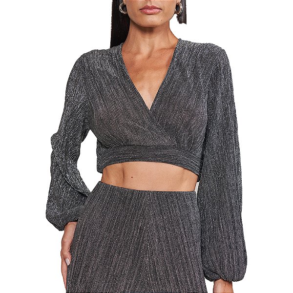 Blusa Plissada Colcci Metalizada In24 Preto e Prata Feminino