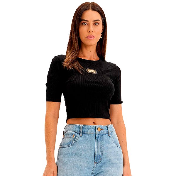 Blusa Canelada Lança Perfume Cropped Pr25 Preto Feminino