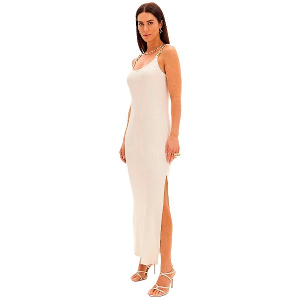 Vestido Canelado Lança Perfume Midi Pr25 Off White Feminino