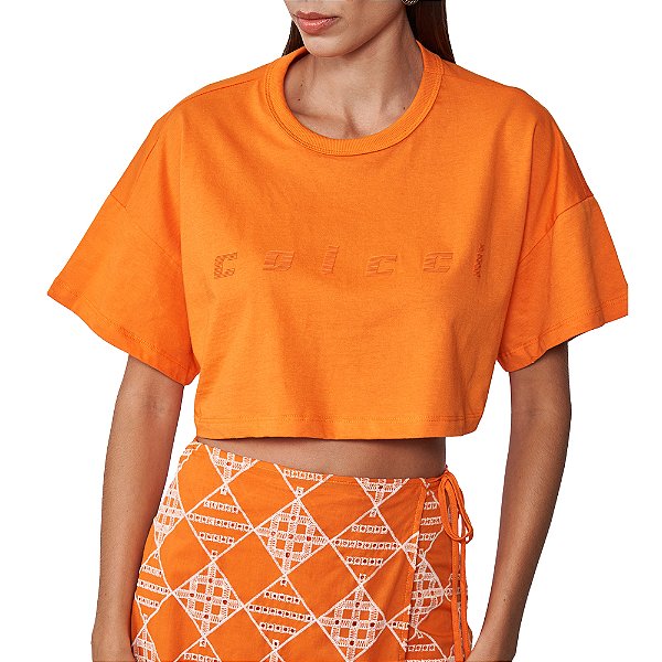 Camiseta Colcci Cropped Pr25 Laranja Salmona Feminino