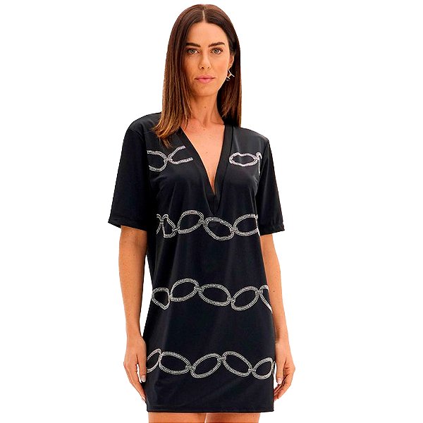Vestido Lança Perfume T-Dress Aplicação Pr25 Preto Feminino