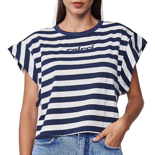 Camiseta Colcci Listrada Pr25 Azul e Off White Feminino