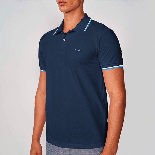 Camisa Polo Colcci 2 Lines Ve25 Azul Darkness Masculino