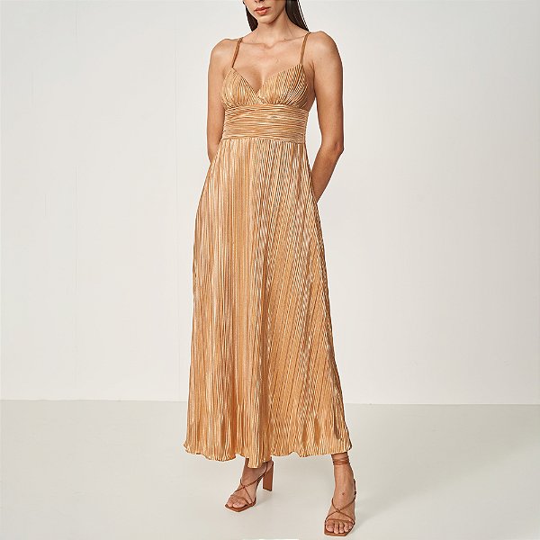 Vestido Colcci Plissado Ve25 Dourado e Bege Feminino