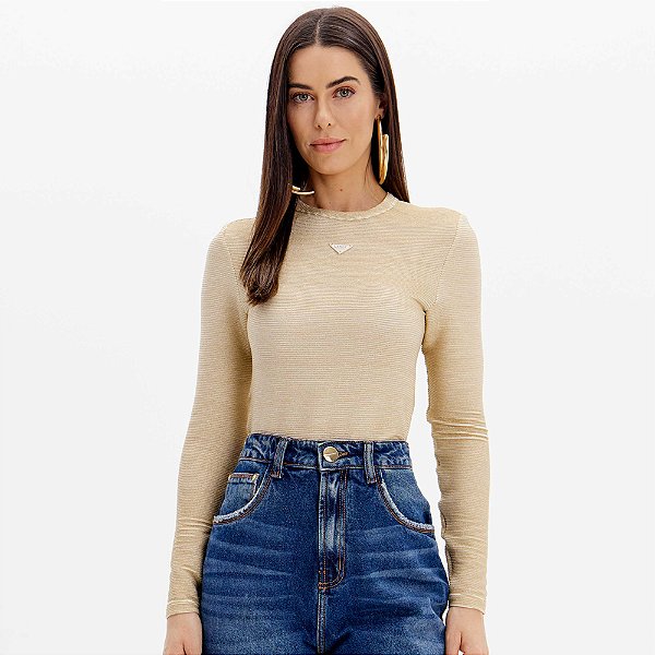 Blusa Lança Perfume Manga Longa Lurex Ou25 Bege Feminino