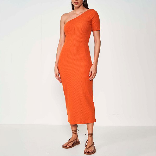 Vestido Midi Colcci Canelado Ombro Ou25 Laranja Feminino