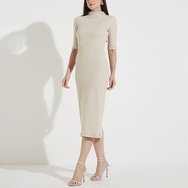 Vestido Midi Forum Canelado Ou25 Bege Feminino