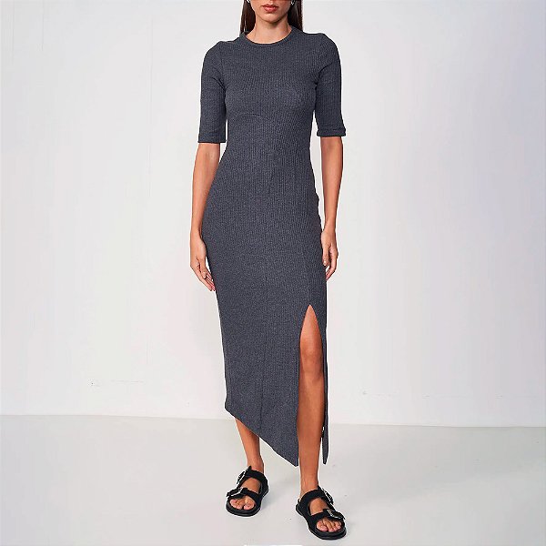 Vestido Canelado Colcci Mid Cut In25 Cinza Feminino