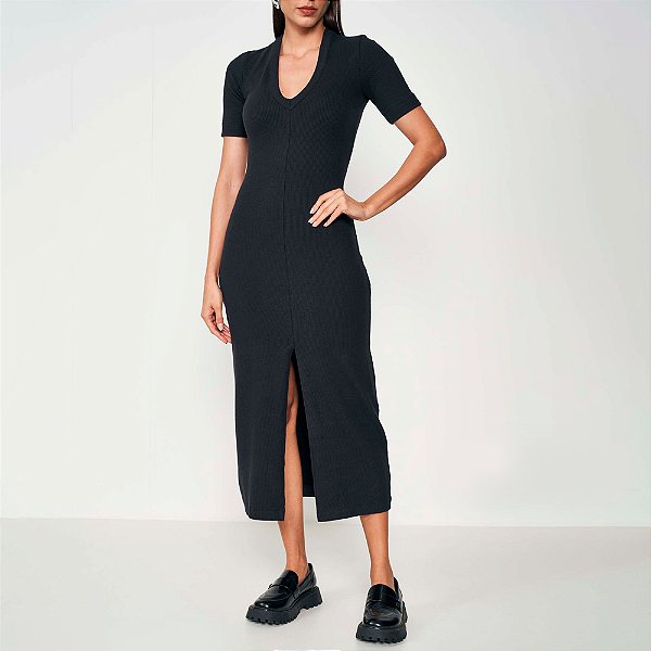 Vestido Midi Colcci Canelado Fenda Ou25 Preto Feminino
