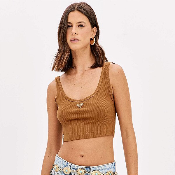Top Canelado Lança Perfume Cropped Pr26 Marrom Feminino