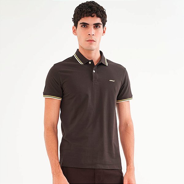 Camisa Polo Colcci 3 Listras Pr26 Marrom Coffe Masculino