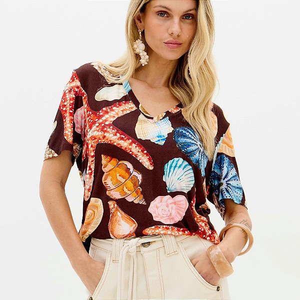 Blusa Lança Perfume Decote V Estampada Ve26 Marrom Feminino