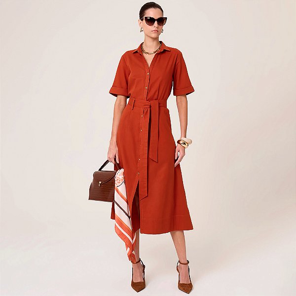 Vestido Chemise Dudalina Midi Liso Ve26 Laranja Feminino