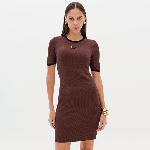 Vestido Canelado Lança Perfume Manga Ou26 Marrom Feminino