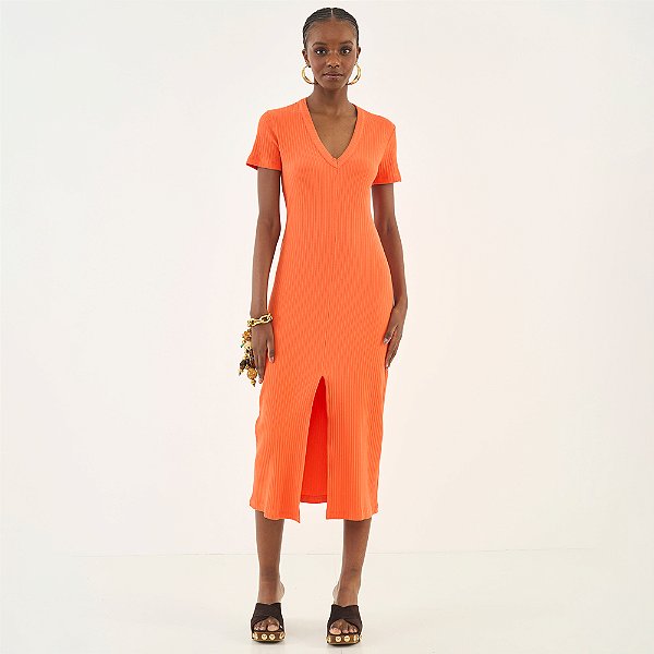Vestido Midi Colcci Canelado Ou26 Laranja Feminino