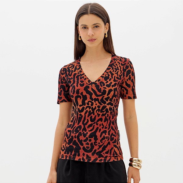 Blusa Lança Perfume Canelada Estampada Ou26 Laranja Feminino