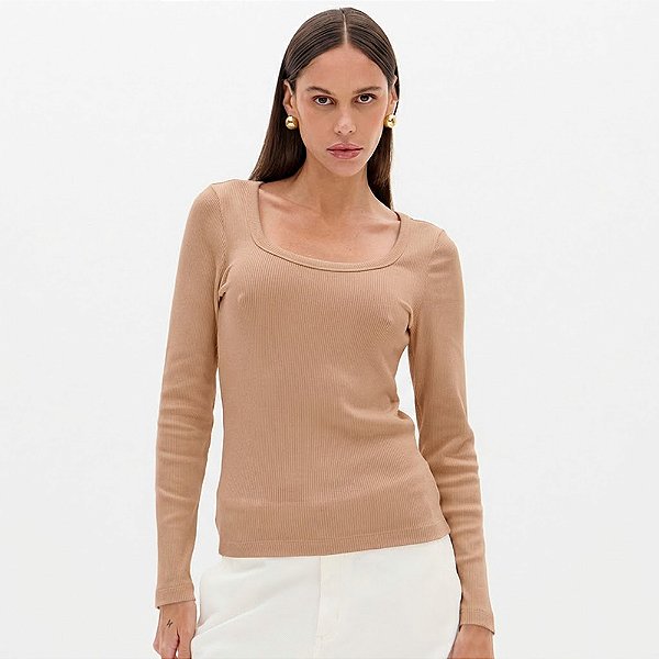 Blusa Lança Perfume Canelada Longa Ou26 Bege Feminino