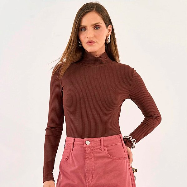 Blusa Canelada Colcci Gola Alta In26 Marrom Feminino