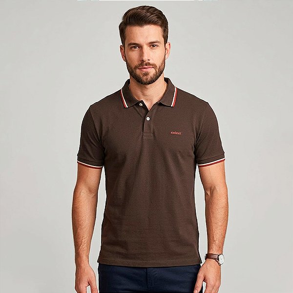 Camisa Polo Colcci 2 Listras In26 Marrom Masculino