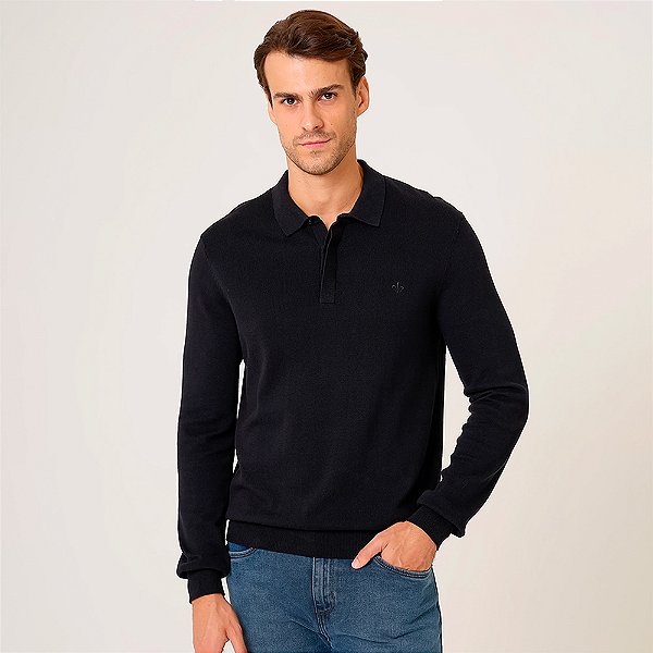 Suéter Tricot Dudalina Gola Polo In26 Preto Masculino
