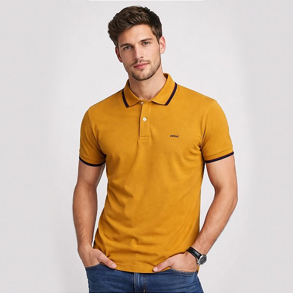 Camisa Polo Colcci Piquet 2 Listras In26 Amarelo Masculino