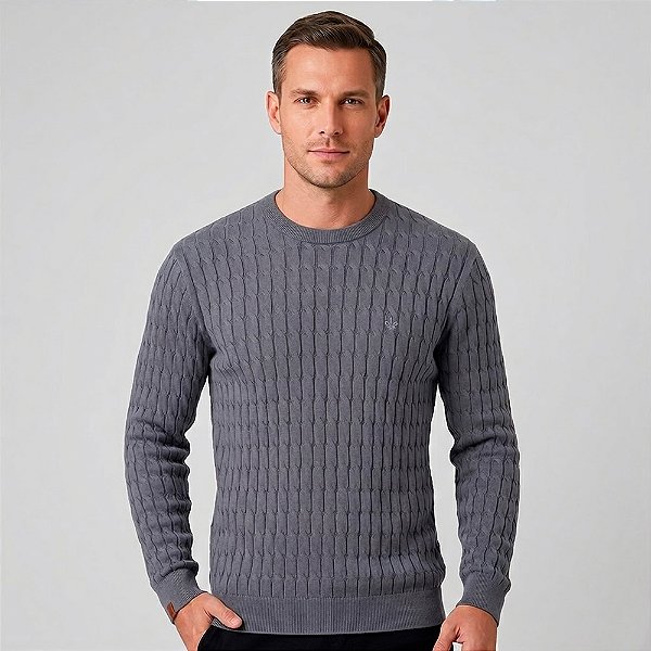 Suéter Tricot Dudalina Jacq Trançado In26 Cinza Masculino