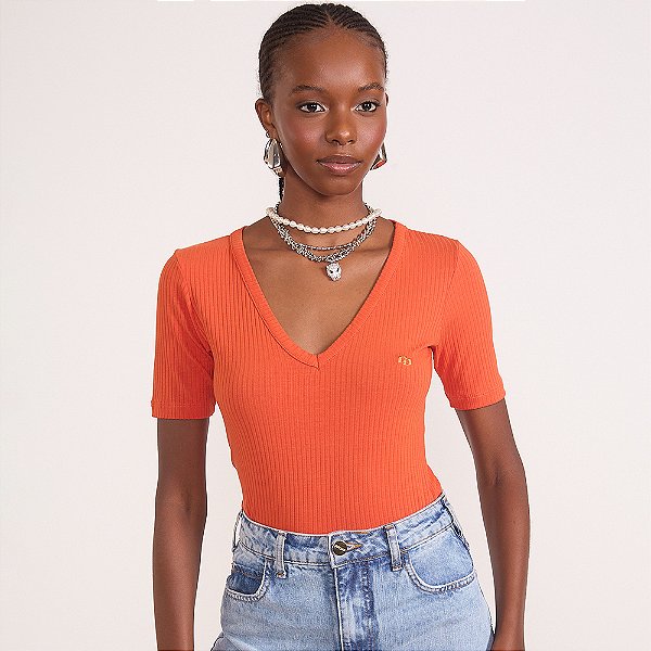 Camiseta Canelado Colcci Gola V In26 Laranja Feminino