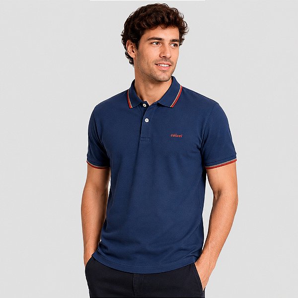 Camisa Polo Colcci Piquet 2 Listras In26 Marinho Masculino