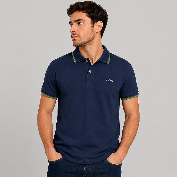 Camisa Polo Colcci Piquet 3 Listras In26 Marinho Masculino